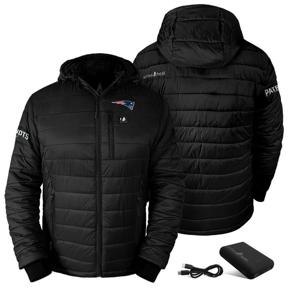 Men's ActionHeat Black New England Patriots 5V Battery Heated Insulated Puffer Full-Zip Hoodie Jacket