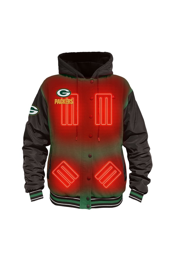 Men's ActionHeat Green/Black Green Bay Packers 5V Battery Heated Full-Snap Varsity Jacket
