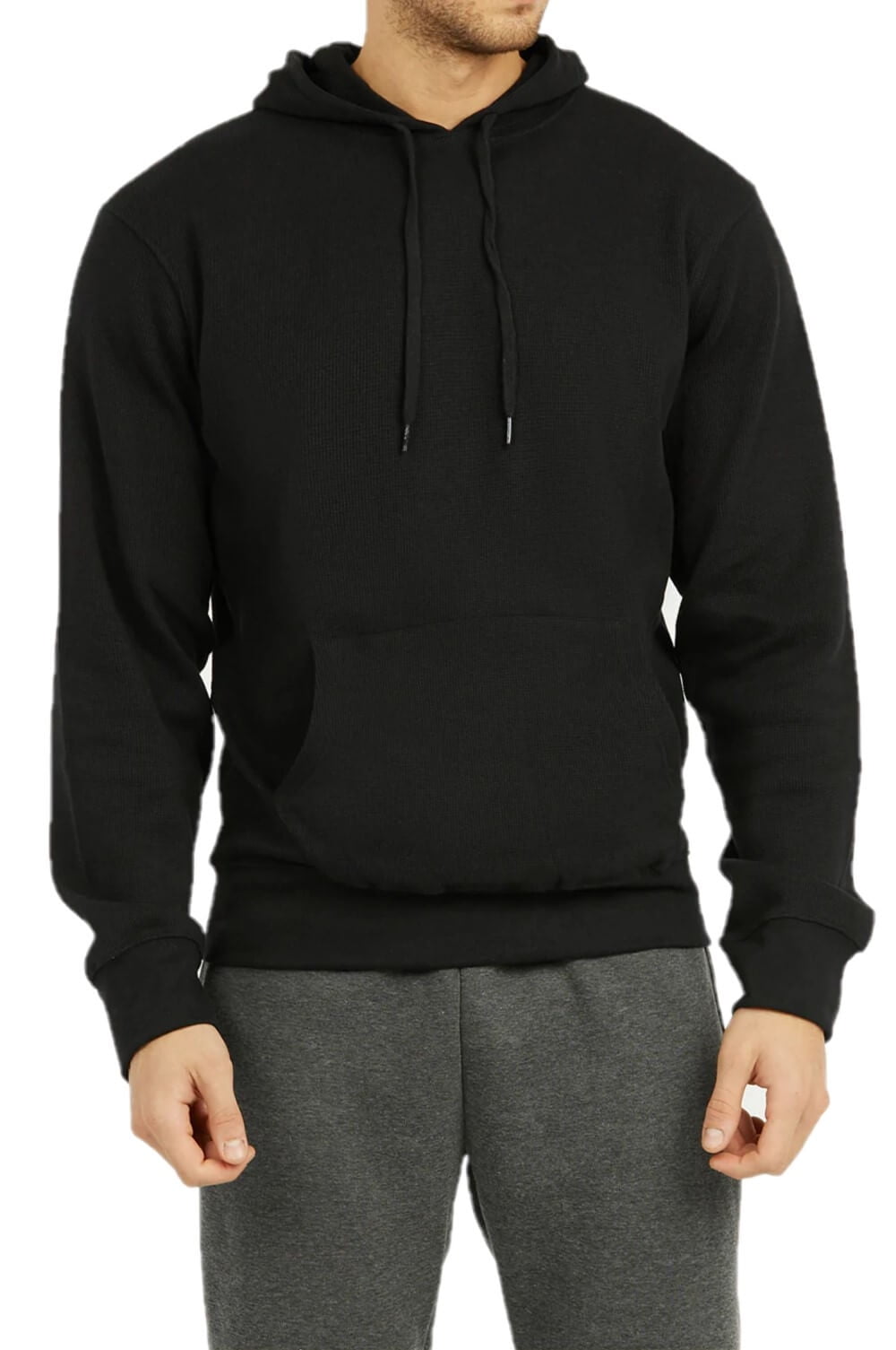 Men's Active Casual 100% Cotton Waffle Fabric Pullover Hoodie, Black L ...