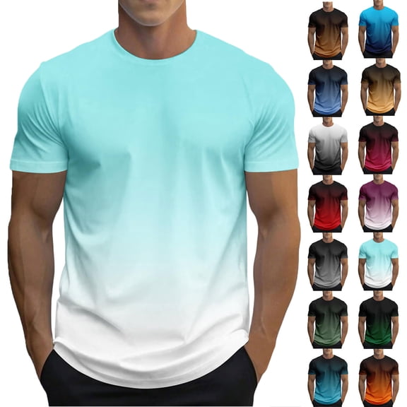 Men's Active Quick Dry Crew Neck T Shirts Men Summer Casual Pullover Round Collar Gradient Short Sleeve Blouse Shirt Light Blue M