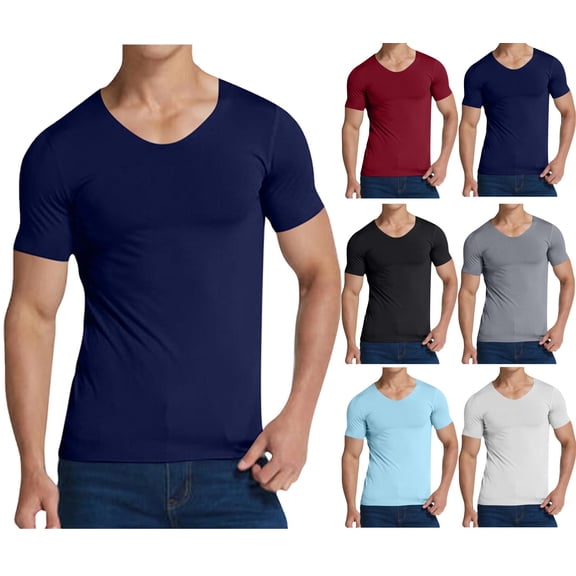 Men's Active Quick Dry Crew Neck T Shirts Men's Solid Color V-Neck Short-Sleeved Pullover T-Shirt Fitness and Outdoor Seamless Stretch Tight Navy XXXXXL