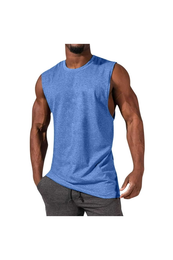 Men's Active Quick Dry Tech Stretch Cotton Moisture Wicking Lightweight Gym Cut off Tank Top Size 2XL Blue