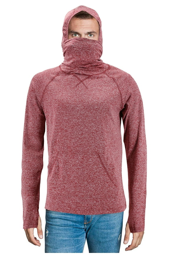 Men's Activewear Long Sleeve T-shirt Ninja Mask Thumb Hole Cuff Hooded Shirt (Burgundy, S)