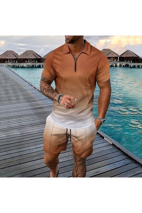 Men's Activewear Sets, Short Sleeve and Shorts Two-Piece Set, Two-Tone Design Casual Athletic Outfit, Breathable Nylon Spandex Fabric
