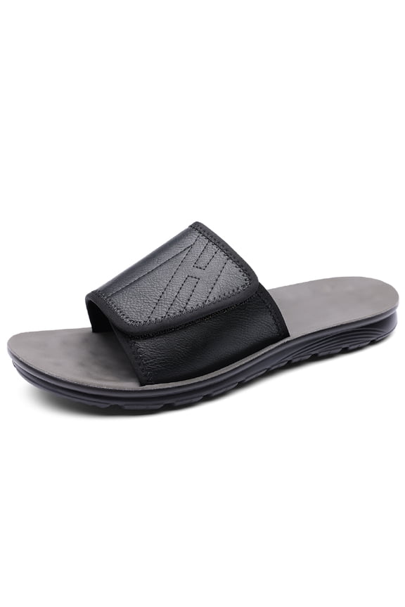 Men's Adjustable Black Leather Slide Sandals, Casual Summer Slippers with Massage Footbed