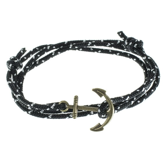 Men's Adjustable Nautical Anchor and Fish Hook Wrap Cuff Bracelets - Available in a Variety of Finishes and Colors - Made of Nylon Rope