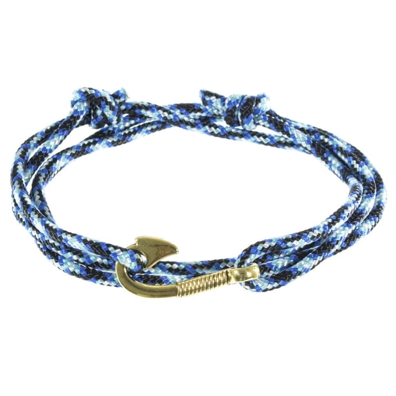 Men's Adjustable Nautical Anchor and Fish Hook Wrap Cuff Bracelets - Available in a Variety of Finishes and Colors - Made of Nylon Rope