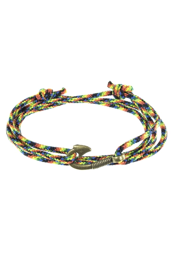 Men's Adjustable Nautical Anchor and Fish Hook Wrap Cuff Bracelets - Available in a Variety of Finishes and Colors - Made of Nylon Rope