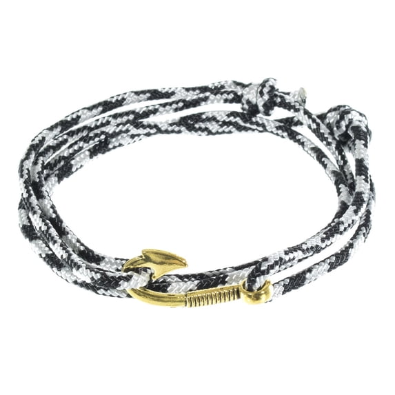Men's Adjustable Nautical Anchor and Fish Hook Wrap Cuff Bracelets - Available in a Variety of Finishes and Colors - Made of Nylon Rope