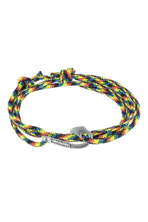 Men's Adjustable Nautical Anchor and Fish Hook Wrap Cuff Bracelets - Available in a Variety of Finishes and Colors - Made of Nylon Rope