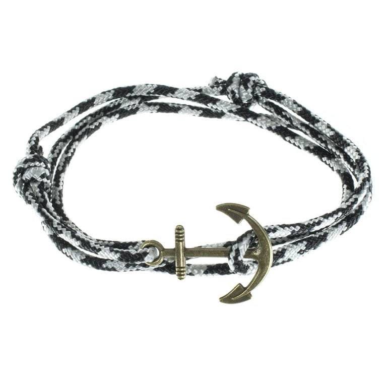 Men's Adjustable Nautical Anchor and Fish Hook Wrap Cuff Bracelets - Available in A Variety of Finishes and Colors - Made of Nylon Rope, Gold
