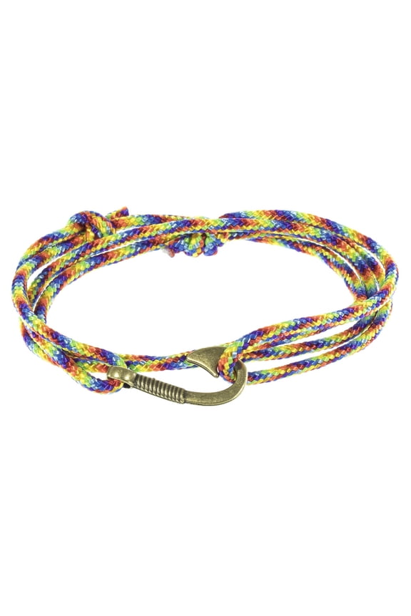 Men's Adjustable Nautical Anchor and Fish Hook Wrap Cuff Bracelets - Available in a Variety of Finishes and Colors - Made of Nylon Rope