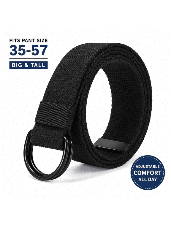 Men's Adjustable Nylon Double D-Ring Belt, No-Hole Casual Web Belt for Work, Travel and Outdoor Wear, Waist 35"-57", Black - TRISJEM