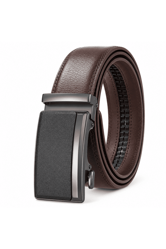 Men's Adjustable Slide Ratchet Belt, Matte Gunmetal Alloy Buckle, Plus Size Large Classic Business Casual Belt for 33.49-61.02 Inch Waist, Present for Gentlemen