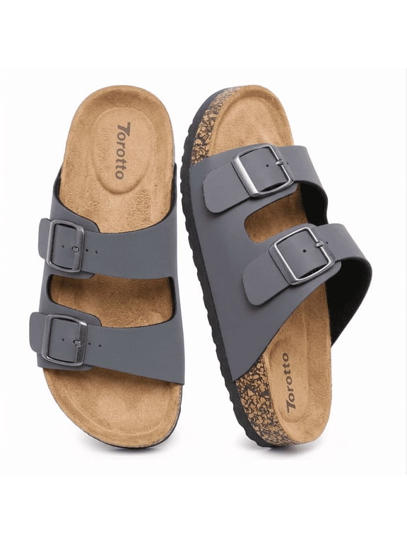 Men Women Cork Footbed Slide Sandals, Arch support Comfort Double Buckle Strap Casual Sandals for Daily Walking Beach Pool Shopping Travel