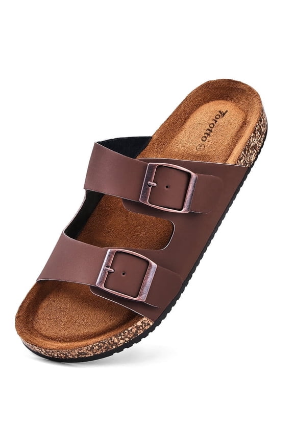 Men Cork Footbed Sandals,Adjustable Strap Flat Leather Sandals for Daily Walking Beach Pool Shopping Travel