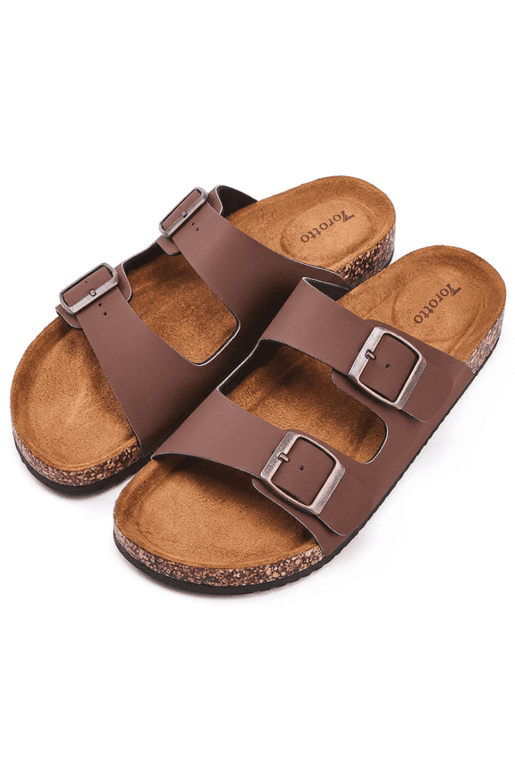Men Women Cork Footbed Sandals, Adjustable Double Buckle Flat Leather Slides Arch Support Casual Sandals for Daily Walking Beach Pool Travel