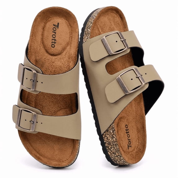 Minglewis Men Women Cork Footbed Slide Sandals, Arch Support Comfort Double Buckle Strap Casual Sandals for Daily Wear