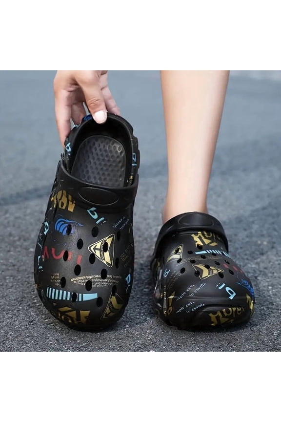 Men's Adjustable Strap Slip-On Wooden Sole Shoes- Colorful Random Print PU Upper and Durable Sole, Breathable and Comfortable for Indoor/Outdoor Use- Casual Comfortable Footwear