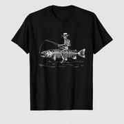 Men's Adult Fishing Skeleton Riding Fish Graphic T-Shirt, 100% Cotton Short Sleeve Shirt
