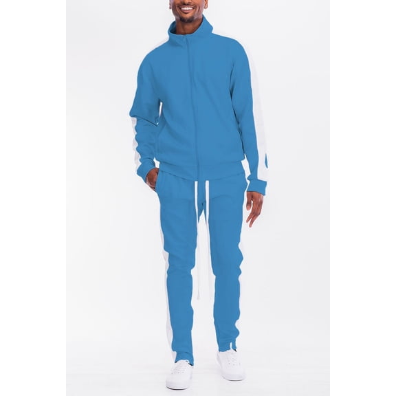 Men's Adult Matching 2 Pieces Track Suit Zippered Jacket and Track Pant, Side Stripe, Regular Slim Fit