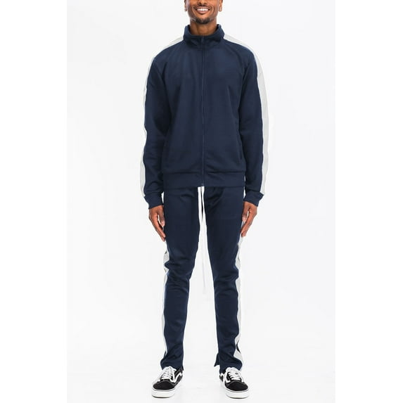 Men's Adult Matching 2 Pieces Track Suit Zippered Jacket and Track Pant, Side Stripe, Regular Slim Fit