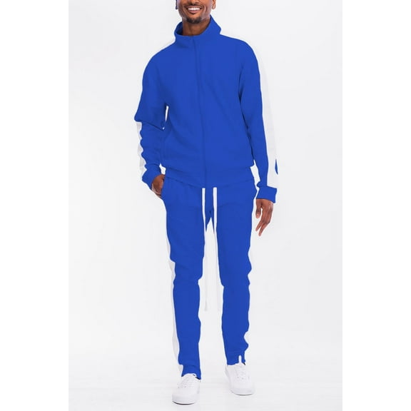 Men's Adult Matching 2 Pieces Track Suit Zippered Jacket and Track Pant, Side Stripe, Regular Slim Fit
