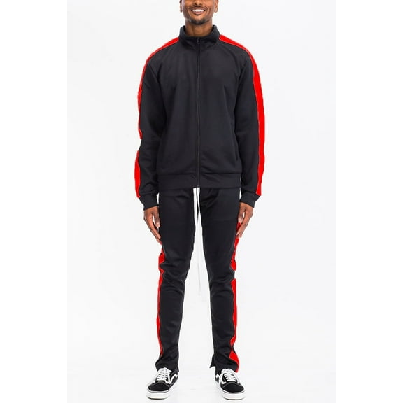 Men's Adult Matching 2 Pieces Track Suit Zippered Jacket and Track Pant, Side Stripe, Regular Slim Fit