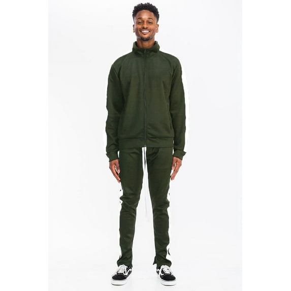 Men's Adult Matching 2 Pieces Track Suit Zippered Jacket and Track Pant, Side Stripe, Regular Slim Fit