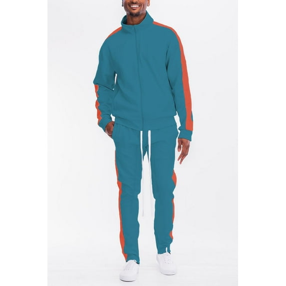 Men's Adult Matching 2 Pieces Track Suit Zippered Jacket and Track Pant, Side Stripe, Regular Slim Fit
