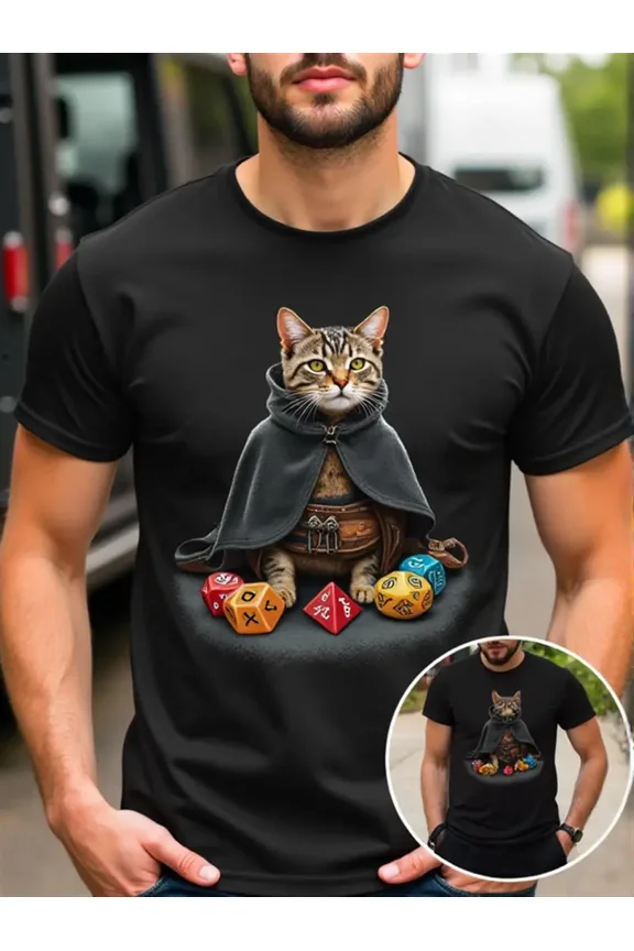 Men's Adventurers T-Shirt - Fantasy Cat Wizard & RPG Dice Graphic Cotton Tee, D&D Inspired Casual Gaming Apparel, Soft Round Neck Short Sleeve Shirt for Tabletop RPG Fans, Geek