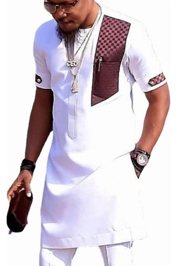 Men's African 2 Piece Set Dashiki Suit Short Sleeve Shirt and Pant Slim Fit Outfit Traditional Suit Clothing