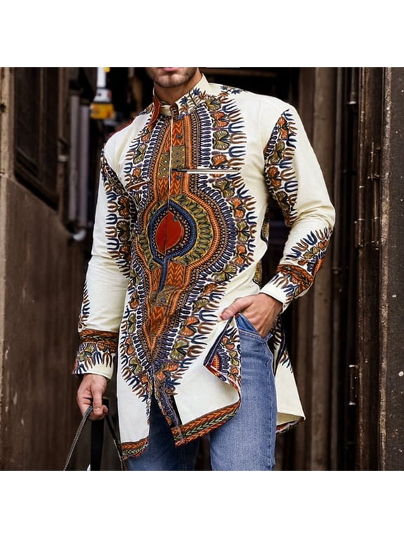 Men's African Dashiki Long Sleeve Ethnic Button Down Shirt Beige 3XL