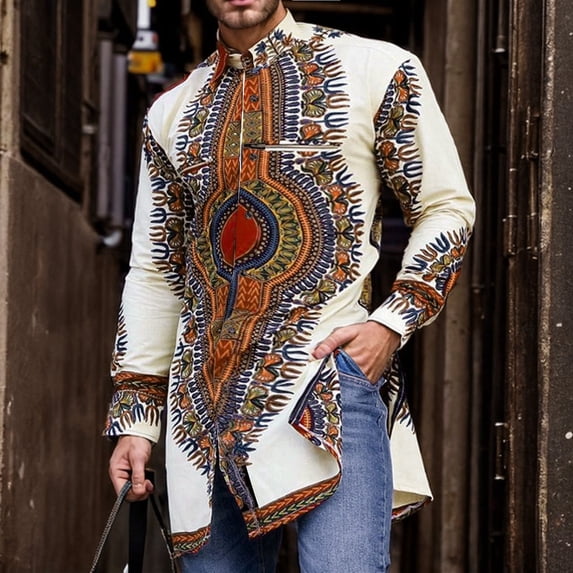 Men's African Dashiki Long Sleeve Ethnic Button Down Shirt Beige 4XL