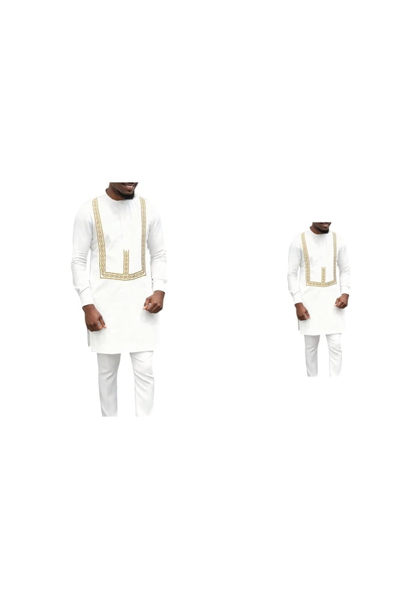 Men's African Style 2-Piece Set, Tailored Metallic Gold Stamp Dashiki Shirt & Drawstring Trousers, Traditional Nigerian Outfit, Elegant Everyday Attire