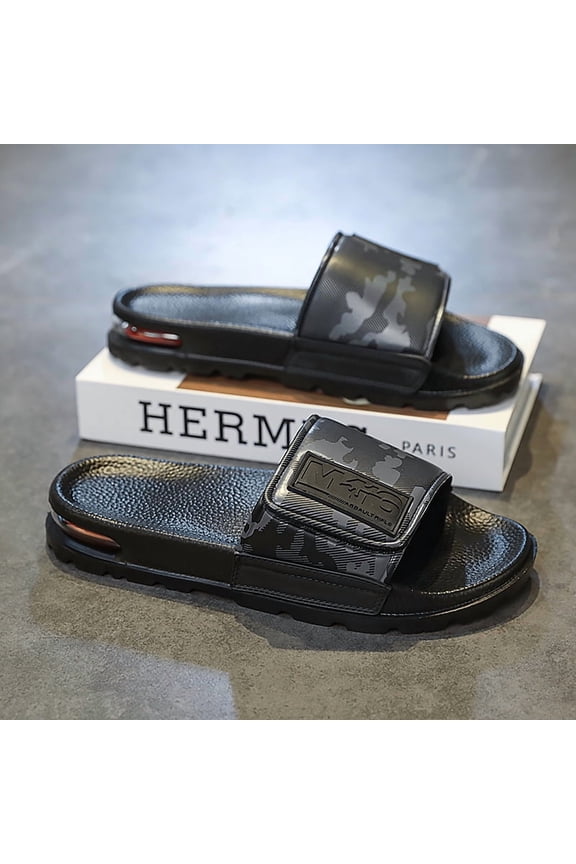 Men's Air Cushion Slide Sandals, Adjustable Hook & Loop Camo Slides, Non-slip Thick Sole Beach Slippers