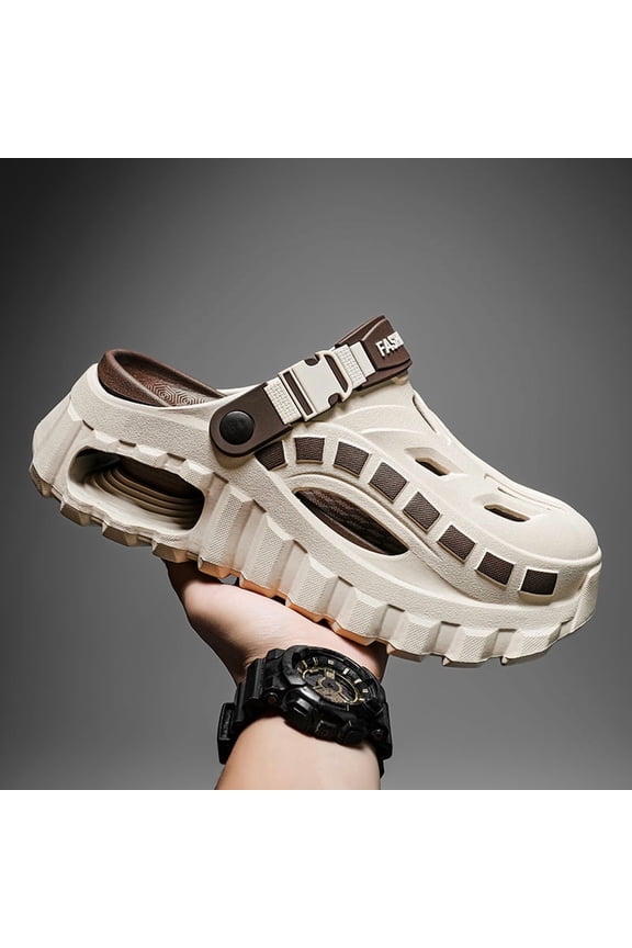 Men's Air Cushion Thick Sole 2-in-1 Clogs, Breathable Hollow Non-slip Beach Slides, Summer Trendy Dad Shoes