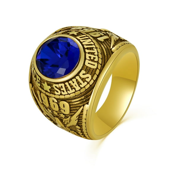 Men's Air Force Stainless Steel Ring Blue Stone Inlay Vintage Golden Military Band Polished Size 7-11