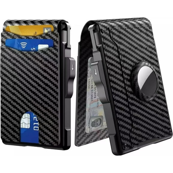 Men's Airtag wallet, suitable for Air Tag RFID shielding, double-fold pop-up aluminum credit card box with large capacity slot, excluding Airtag, carbon fiber
