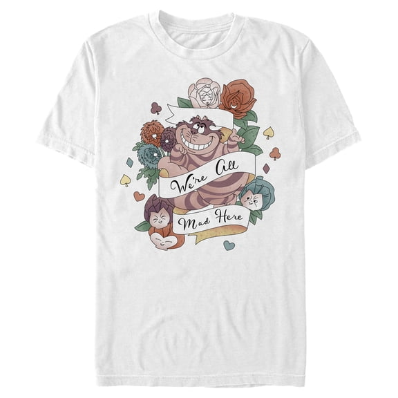 Men's Alice in Wonderland Cheshire Tattoo We Are All Mad Here Graphic Tee White Large