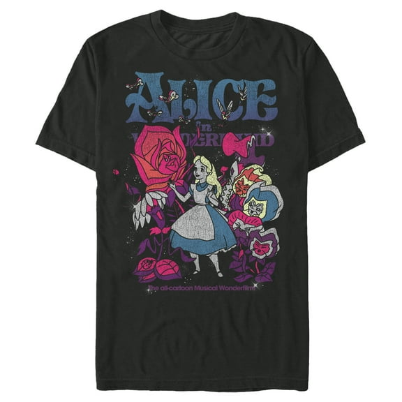 Men's Alice in Wonderland Distressed Floral Crew  Graphic Tee Black X Large