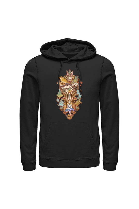 Men's Alice in Wonderland Distressed Retro Keyhole  Pull Over Hoodie Black 3X Large