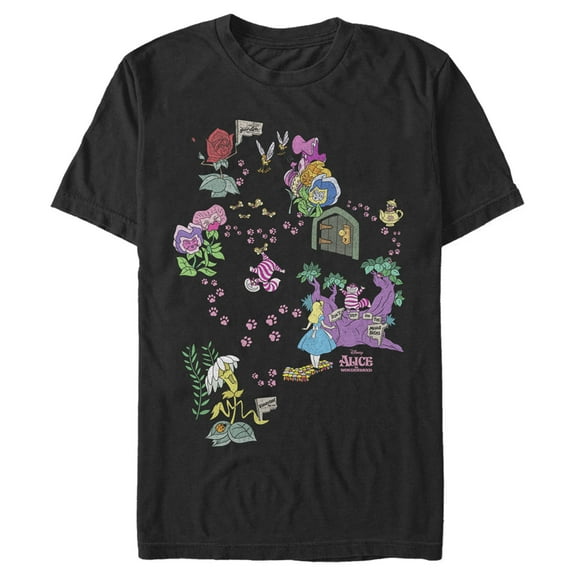 Men's Alice in Wonderland Follow the Cheshire Cat Tracks, Find Where it Leads Graphic Tee Black Large