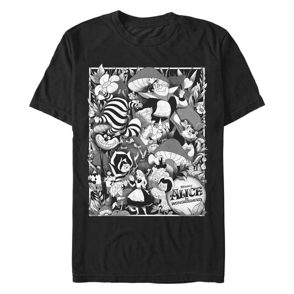 Men's Alice in Wonderland Grayscale Character Poster Graphic Tee Black 2X Large