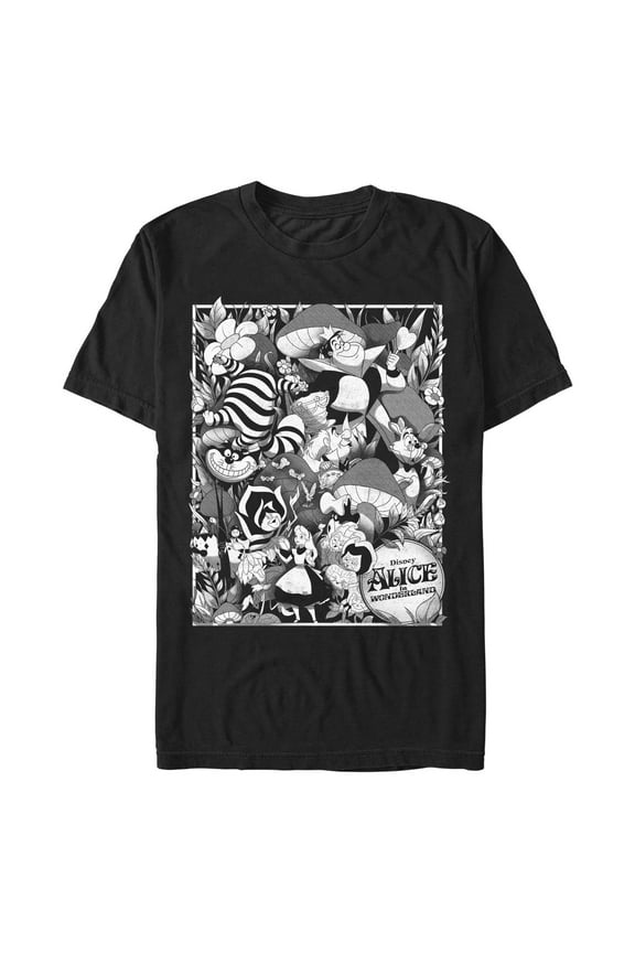 Men's Alice in Wonderland Grayscale Character Poster Graphic Tee Black Large