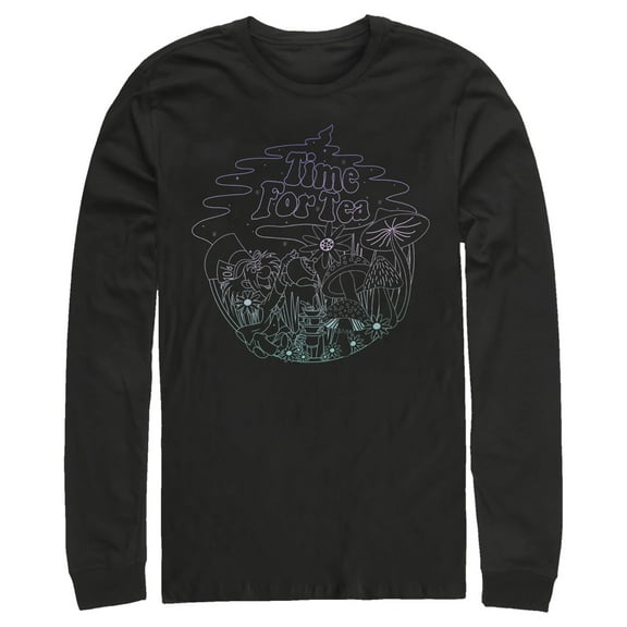 Men's Alice in Wonderland Mad Hatter Time for Tea Outline  Long Sleeve Shirt Black X Large