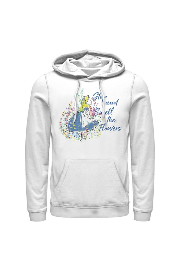 Men's Alice in Wonderland Stop and Smell the Flowers  Pull Over Hoodie White 2X Large