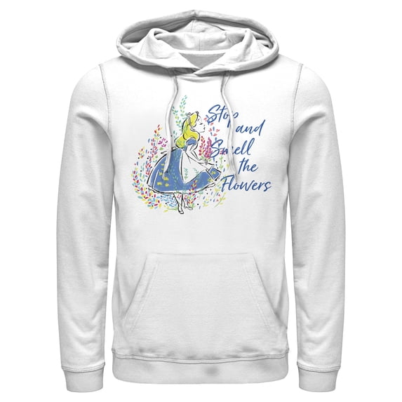 Men's Alice in Wonderland Stop and Smell the Flowers Pull Over Hoodie White Medium