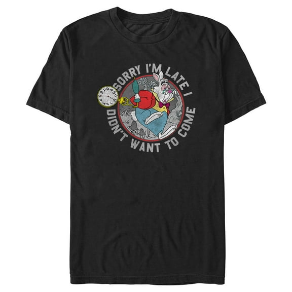 Men's Alice in Wonderland The White Rabbit Sorry I'm Late  Graphic Tee Black X Large