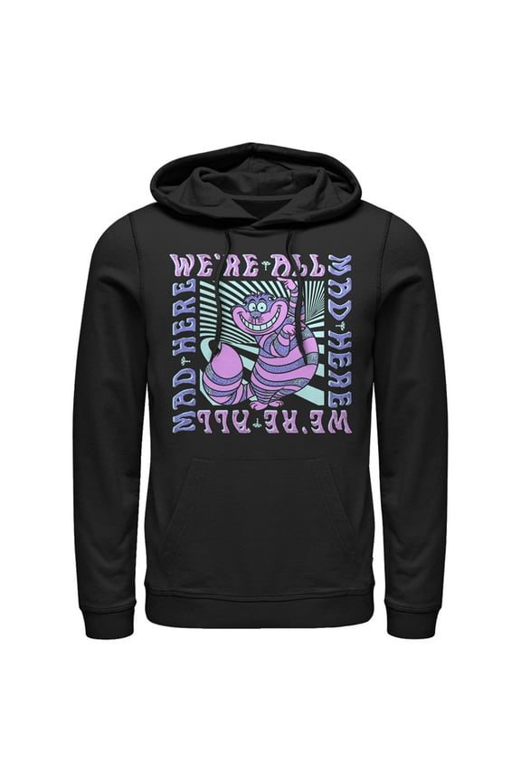 Men's Alice in Wonderland We're All Mad Here, Cheshire Cat  Pull Over Hoodie Black Small